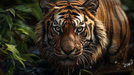Photographie d'un tigre charismatique dans la jungle au Nepal dans son environnement naturel - obrazy, fototapety, plakaty