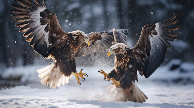 Photographie d'une attaque d'aigles sur une proie dans les montagnes