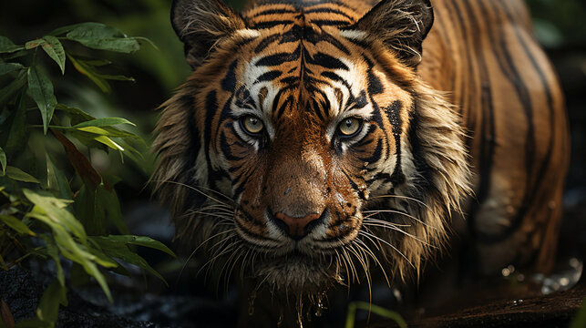Photographie d'un tigre charismatique dans la jungle au Nepal dans son environnement naturel