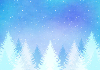 雪のふる静かな森の風景 幻想的な冬の自然の水彩背景イラスト