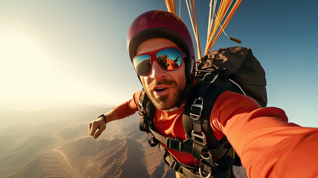 Extreme skydiving. Skydiver flying on a parachute at sunset. Extreme sport
