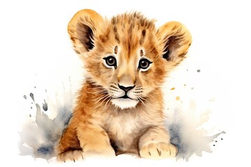 A cute baby lion cub captured in a vibrant watercolor painting created with Generative AI technology