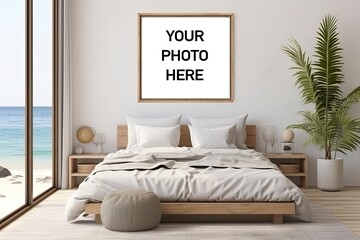 Mock Up Poster in A cozy bedroom with a comfortable bed and a lovely artwork on the wall created with Generative AI technology