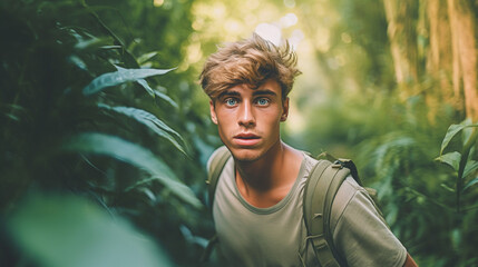 abstract and dramatic, teenager boy or young adult man, lost or pursued in the forest as an adventure, fighting for survival, or in the wilderness or jungle or forest, horror or fictional event
