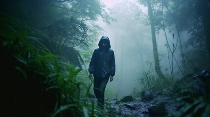 abstract and dramatic, in heavy rain through the muddy forest or jungle, alone and lost or lost, rain jacket, trees and bushes and rocky, late afternoon, fictional place