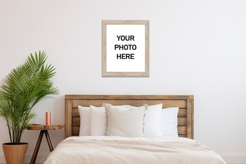 Mock Up Poster in A cozy bedroom with a stylish bed and a touch of nature created with Generative AI technology
