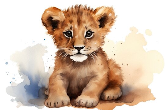 A watercolor painting depicting a playful and adorable lion cub created with Generative AI technology