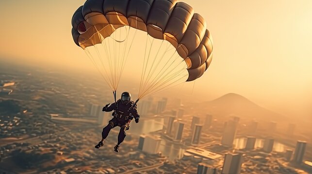 a parachutist in a parachute at sunset. Extreme sport, entertainment. Hobbies and recreation