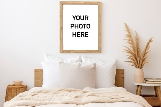 Mock Up Poster in A cozy bedroom with a minimalist design created with Generative AI technology