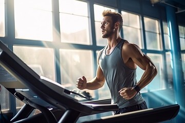 A man running on a treadmill in a gym created with Generative AI technology - obrazy, fototapety, plakaty