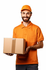 handsome man employee of the Parcel delivery company in orange uniform, friendly, with a parcel in her hands.generative ai