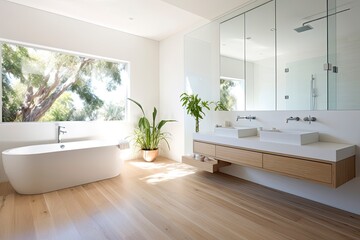 A modern bathroom with a sleek tub, stylish sink, and elegant mirror created with Generative AI technology