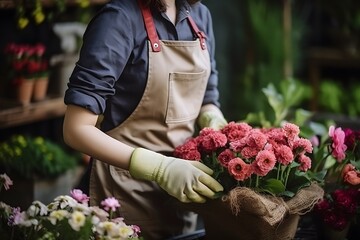 Gardener woman in gloves with plants and flowers in garden.