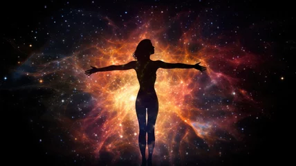 Tuinposter Woman in Yoga Full Body Backlit Pose in the Nebula Galaxy. Generative AI image weber. © Summit Art Creations