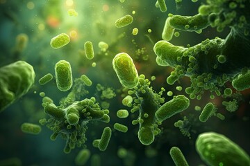 Floating green bacteria in water created with Generative AI technology