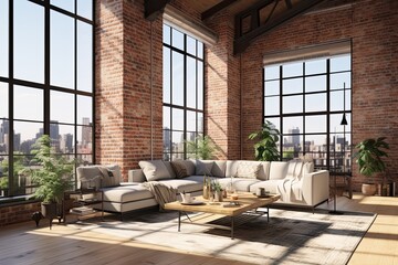 Modern apartment interior, white walls, black accents. Elegantly furnished, 3D rendering. Concept of urban living space.