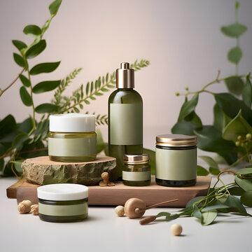 environmentally friendly Blank cosmetic product line with white color and copy space makeup, and skin care items, spa	