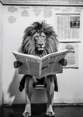 Lion sit on the toilet in a robe, reading a newspaper, leo sitting on the potty, restroom humor, black and white - obrazy, fototapety, plakaty