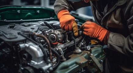 close-up of a auto mechanic repairing engine, close-up car engine, auto mechanic hands fixing car engine, mechanic fixing car - obrazy, fototapety, plakaty