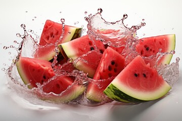 Floating, flying, levitating sliced fresh watermelon on water drops white background. Summer fruits, berries. Trendy, minimal Creative food. Concept of watermelon day-August 3.