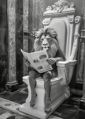 Lion sit on the toilet in a robe, reading a newspaper, leo sitting on the luxe potty, restroom humor, black and white