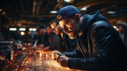 Obraz premium Industrial Engineers Look at Project Blueprints While Standing Surround By Pipeline Parts in the Middle of Enormous Heavy Industry.generative ai