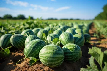 Foto op Canvas fresh watermelon fruit on ground agriculture garden watermelon farm with leaf tree plant, harvesting watermelons in the field, watermelon in watermelon field © Irina Mikhailichenko