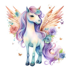 Watercolor unicorn with flowers illustration Generative AI, png image.