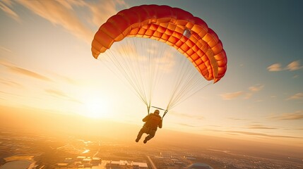 a parachutist in a parachute at sunset. Extreme sport, entertainment. Hobbies and recreation