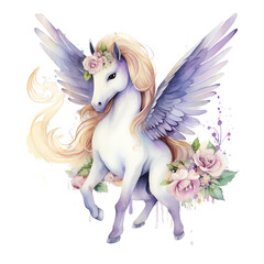 Obraz na płótnie Canvas Watercolor unicorn with flowers illustration Generative AI, png image.
