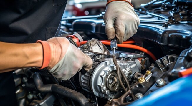 close-up of a auto mechanic repairing engine, close-up car engine, auto mechanic hands fixing car engine, mechanic fixing car