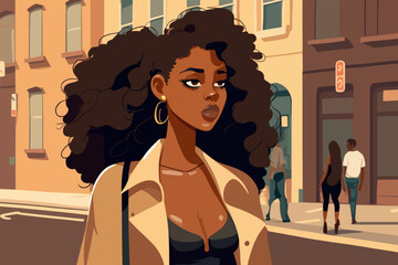 Beautiful black teenage girl standing on the street, 2d vector illustration.