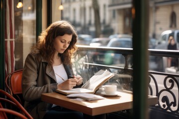 Stylish woman in city cafe, reading book with coffee. Concept of modern lifestyle.