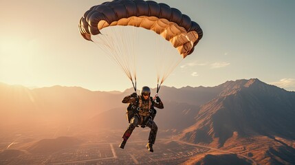 a parachutist in a parachute at sunset. Extreme sport, entertainment. Hobbies and recreation - obrazy, fototapety, plakaty