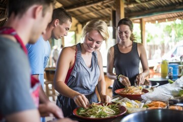 Young adults bonding over a homemade meal in Thailand. Concept of friendship and cultural immersion.