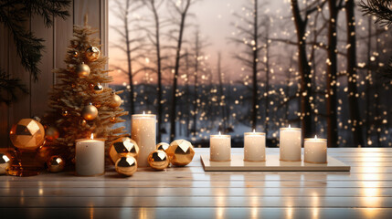 Artfully arranged candles cast a warm, inviting glow on a snowy landscape. A Christmas tree with sparkling ornaments adds holiday magic. With Copy Space. Generative AI