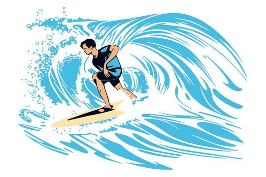 Surfing on a wave in the ocean. Surf rider on big waves. Surfer vector illustration design for t shirt print or club banner.