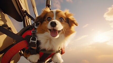a cute little dog goes skydiving. Skydiving, dog in equipment flying through the sky. Free flight. Adrenaline emotions
