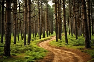 Fototapeta premium Tranquil pine woodland with winding trail, bathed in sunlight and fresh morning air.