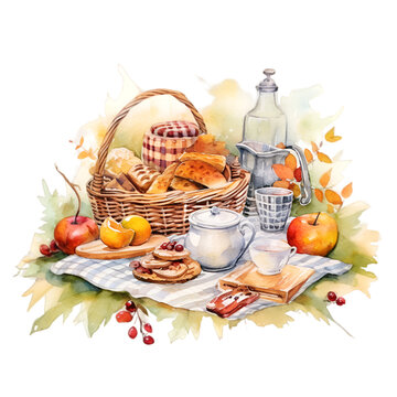 Watercolor autumn picnic illustration Generative AI, png image.