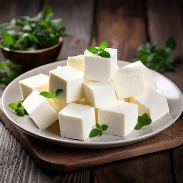 traditional national Indian food Paneer cheese cubes on a plate with cilantro on the table