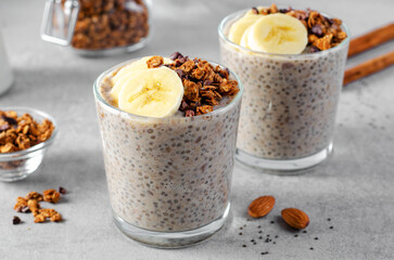 Chia Pudding with Banana, Granola and Cinnamon, Overnight Banana Oats, Healthy Breakfast or Snack, Vegetarian Food