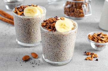 Chia Pudding with Banana, Granola and Cinnamon, Overnight Banana Oats, Healthy Breakfast or Snack, Vegetarian Food