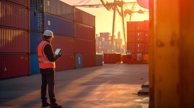 An engineer and tablet at Containers yard from Cargo freight ship for import export. Transportation concept Import and export.,generative ai - Powered by Adobe