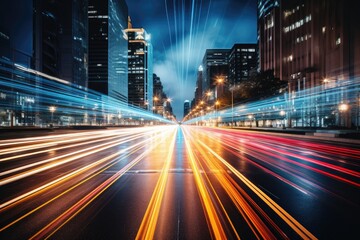 Obraz premium Abstract night cityscape background. Smart city, ai and digital transformation concept. Double exposure