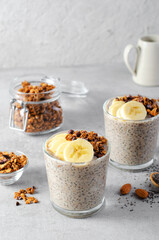 Chia Pudding with Banana, Granola and Cinnamon, Overnight Banana Oats, Healthy Breakfast or Snack, Vegetarian Food