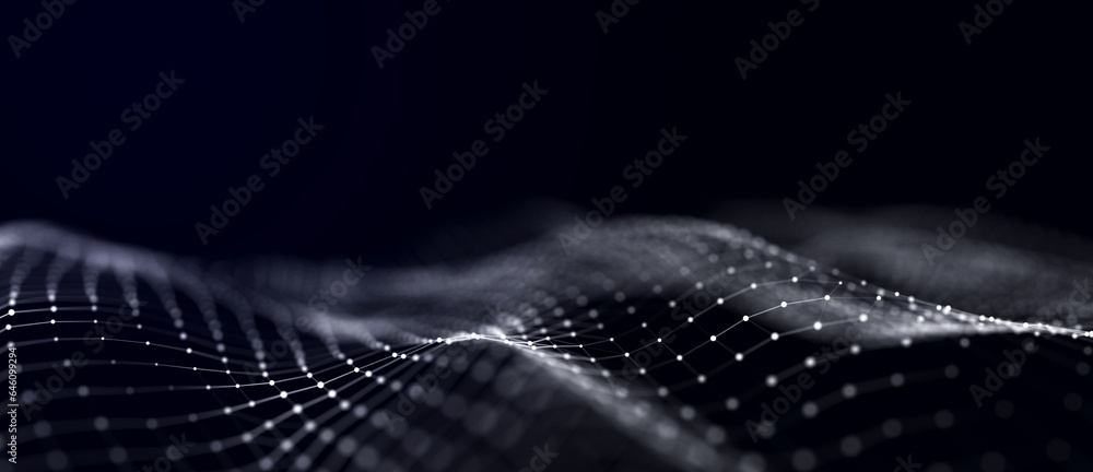 Poster Big data visualization. The musical stream of sounds. Abstract background with interweaving of dots . 3D rendering.