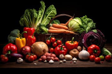 Professional Shot of a Bunch of Vegetables on a Wooden Surface over a Dark Background.