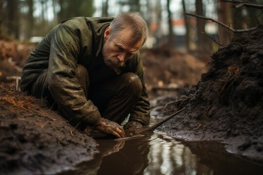 Man investigating trench in forest