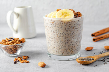 Chia Pudding with Banana, Granola and Cinnamon, Overnight Banana Oats, Healthy Breakfast or Snack, Vegetarian Food